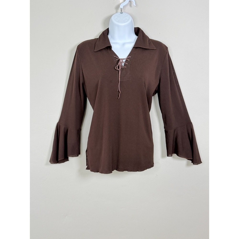 Vintage DCC Knits Flare Sleeves Lace-Up Front Top Brown M Semi-Sheer Boho Hippie
